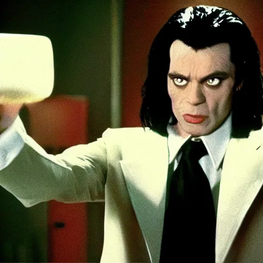 Image similar to still of tommy wiseau as vincent vega in pulp fiction ( 1 9 9 4 ), 4 k, cinematic, film footage, screencap