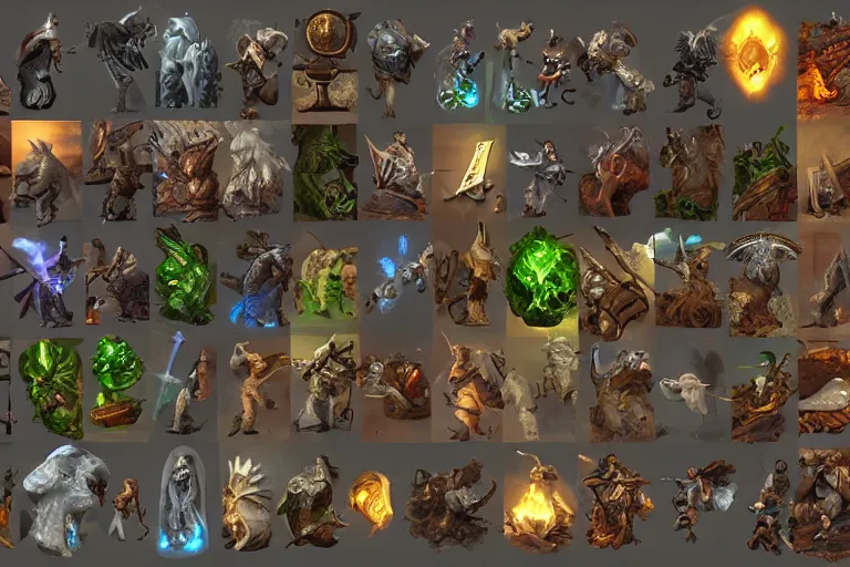 Image similar to highly detailed icons of various fantasy items from fantasy game. perfect lighting, ray tracing, realistic.