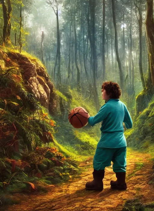 Prompt: a hobbit wearing hiking boots and teal gloves playing basketball in a forest, painting by beeple