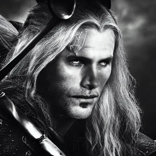 Image similar to mickey mouse as the witcher, cinematic, dark, sharp focus, black and white, highly detailed, portrait