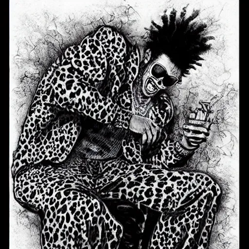 Prompt: animal print pants out of control. it's redfoo with a big afro! in the style of Stephen Gammell. Scary stories to tell in the dark. horror image. Scary! macabre illustration. crosshatching.