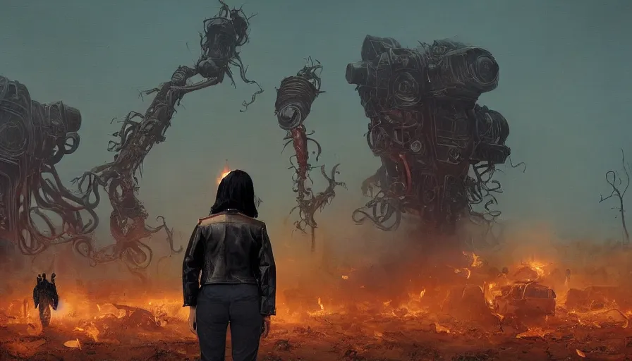 Prompt: woman with black hair and leather jacket walking away from explosion, lovecraftian hellscape, golden tenticles, soldiers and mech fight, simon stalenhag, 4 k, ultra detailed, explosions and smoke