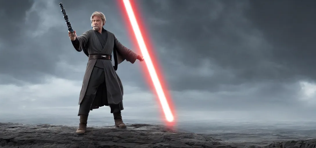 Prompt: Jedi master Luke Skywalker from the last jedi standing alone in heroic pose hyper realistic 4k