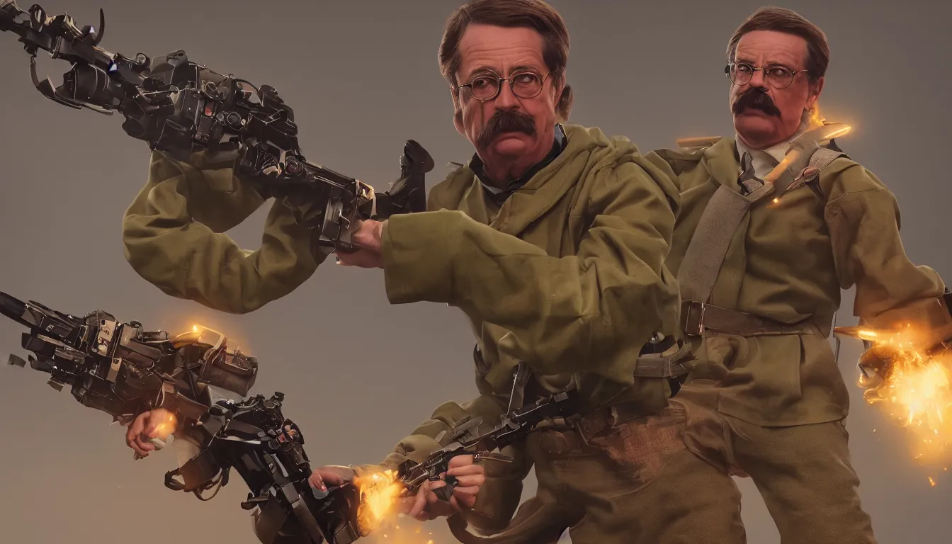 Prompt: Ned flanders wielding a minigun, highly detailed, stunning photo, cinematic lighting, perfect, 8K, ultra-detailed , Trending on artstation, Octane render, Unreal Engine,