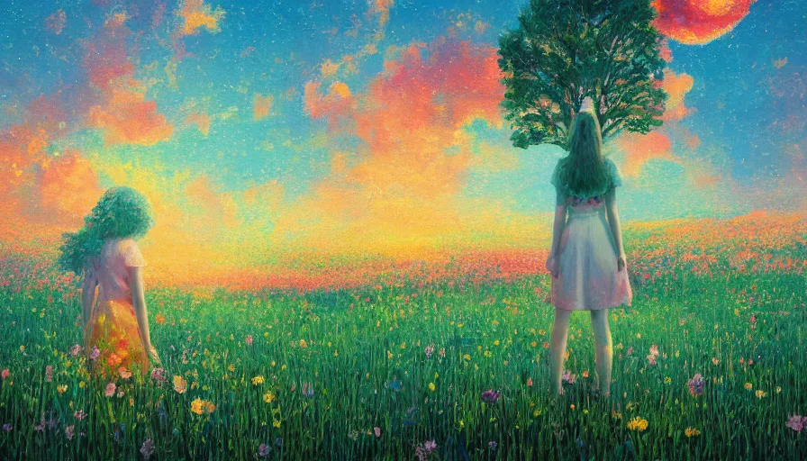 Image similar to girl with an blooming flower face, surreal photography, dream, standing in flower field, hills, big trees, sunrise dramatic light, impressionist painting, colorful clouds, digital painting, pointillism, artstation, simon stalenhag