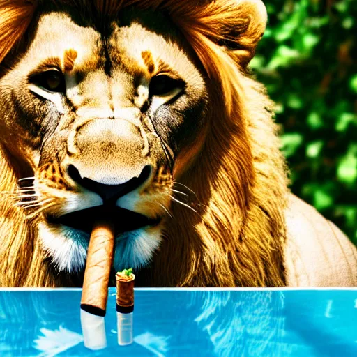 Image similar to a very detailed photo of a lion ( smoking a cigar ) outside the mansion by the pool