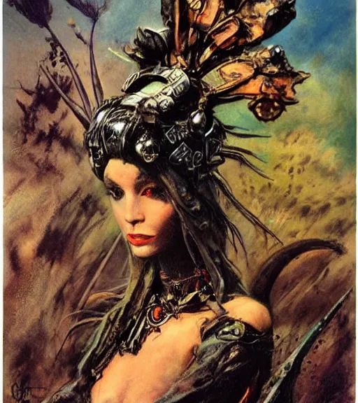 Image similar to princess of the wasteland, scrap metal headdress, strong line, deep color, high contrast, beautiful! coherent! by brian froud, by frank frazetta, low angle