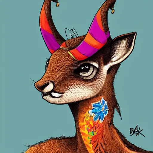 Prompt: a dik dik with tattoos wearing a baseball hat, colorful, digital art, fantasy, magic, trending on artstation, ultra detailed, professional illustration by basil gogos