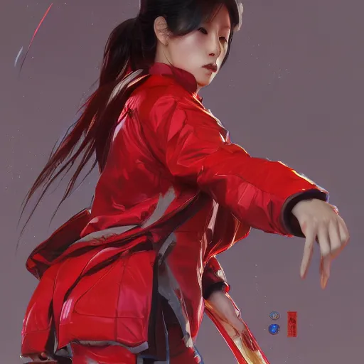 Prompt: full body long shot of Japanese female wearing red futuristic jacket and shorts, highly detailed, digital painting, artstation, concept art, sharp focus, illustration, art by greg rutkowski and alphonse mucha