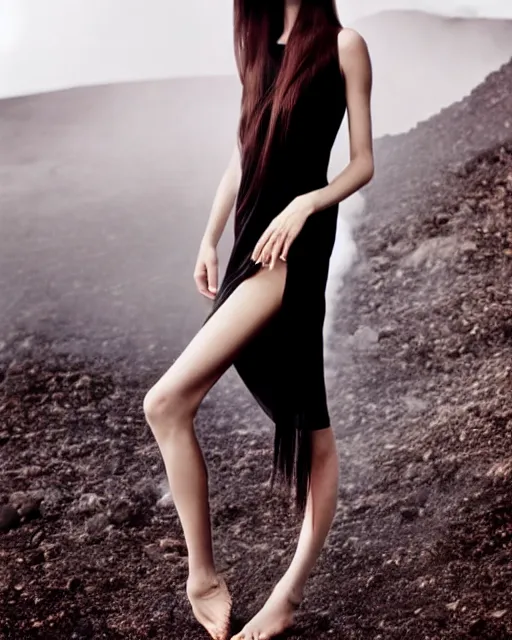 Image similar to high fashion photography of an elegant chic young woman model with cropped bangs and long straight hair, she is wearing a minimalist simple dress, intense expression, at the edge of an active volcano caldera spewing magma, by Steven Meisel and Chris Cunningham