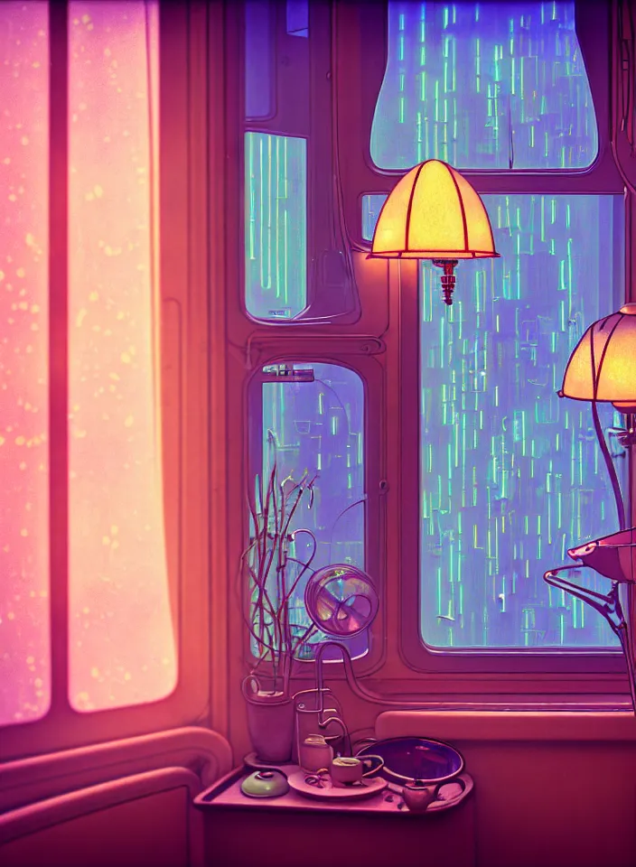 Image similar to telephoto 7 0 mm f / 2. 8 iso 2 0 0 photograph depicting the feeling of chrysalism in a cosy cluttered french sci - fi art nouveau cyberpunk apartment in a pastel dreamstate art style. ( computer screens, window ( rain ), sink, lamp ( ( ( fish tank ) ) ) ), ambient light.