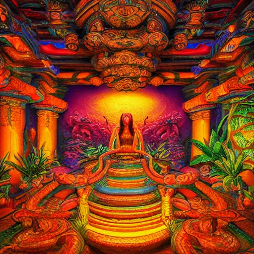 Prompt: Photorealistic inside a temple made of snakes. Hyperdetailed photorealism, 108 megapixels, amazing depth, glowing rich colors, powerful imagery, psychedelic Overtones