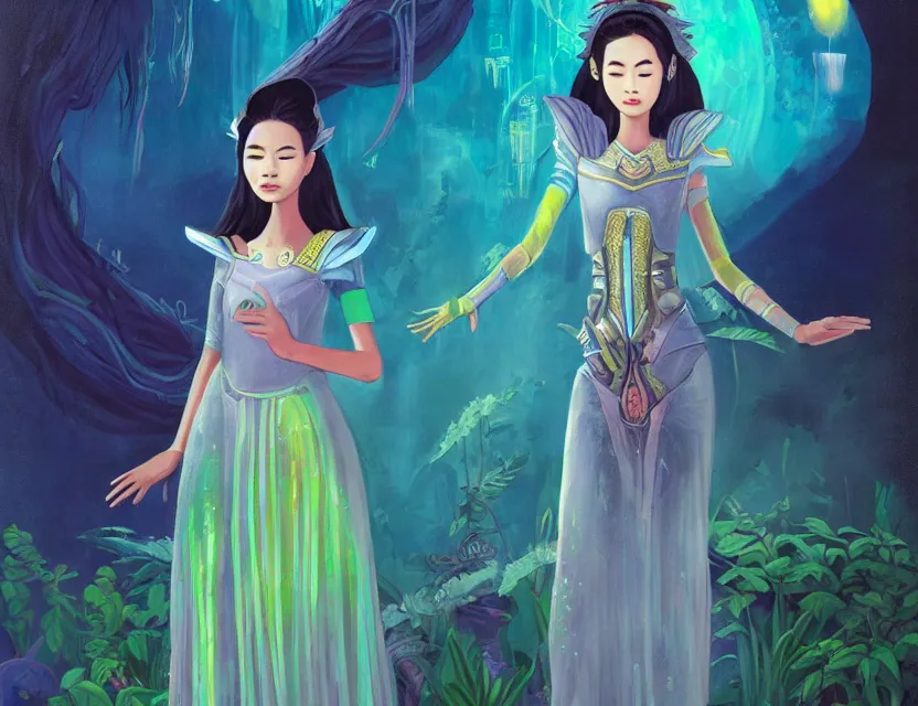 Image similar to southeast asian scifi princess of the cloud forest, wearing a lovely dress with cyberpunk details. this oil painting by the beloved children's book author has an interesting color scheme and impeccable lighting.