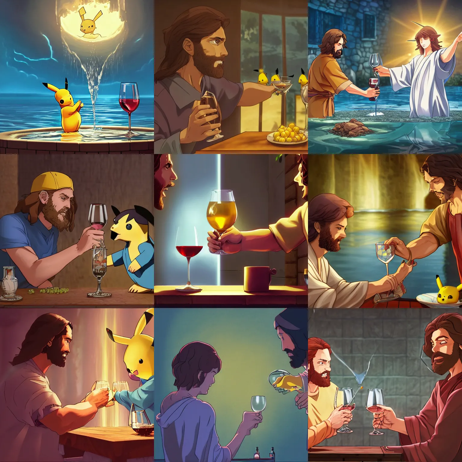 Prompt: a portrait of jesus turning water in wine and gives it to pikachu, pikachu holding wine glass by dan mumford, yusuke murata and makoto shinkai, 8 k, cel shaded, unreal engine, featured on artstation, pixiv