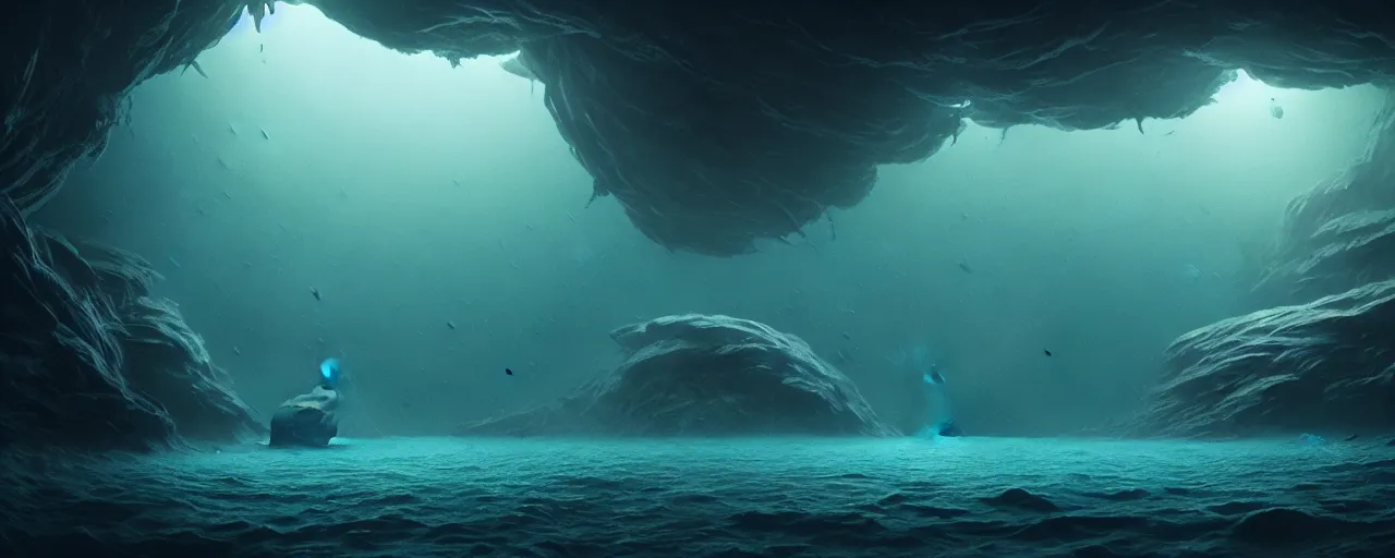 Image similar to ultra realistic horror photo of a dimly lit alien underwater landscape, very intricate details, focus, full frame image, high contrast, cgi render, artwork by tooth wu and wlop and beeple and greg rutkowski, award winning