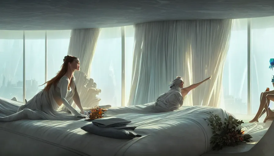 Image similar to a futuristic hotel room by artgerm and greg rutkowski and alphonse mucha, zaha hadid, volumetric light, detailed, octane render, midsommar