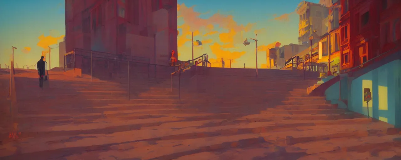 Image similar to A simplistic oilpainting of neo brutralism, a long stairway up, concept art, colorful, vivid colors, sunrise, warm colors, light, strong shadows, reflections, cinematic, 3D, in the style of Akihiko Yoshida and Edward Hopper