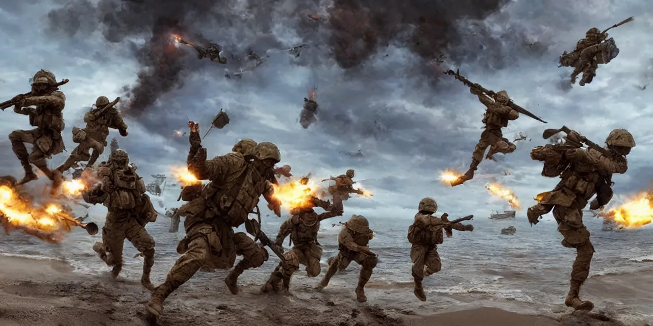 Prompt: fantasy soldiers jumping onto beach from landing craft, explosions and magic, cinematic