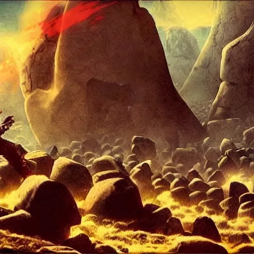 Prompt: rock giants at war, 3 0 0 style, cinematic, epic