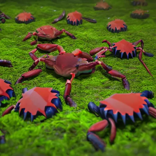 Image similar to voidless of the festival, large group of crabs and worms, crawling along a bed of moss, low poly, creeper world, handcrafted, artstation, hyperrealistic, hard light, best practices, creeptastic, photorealism, macro perspective, cuddly