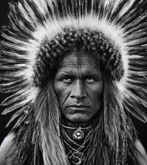 Image similar to Award winning Editorial photo of a Native Iroquois with incredible hair and hyper-detailed eyes wearing traditional garb by Edward Sherriff Curtis and Lee Jeffries, 85mm ND 5, perfect lighting, gelatin silver process