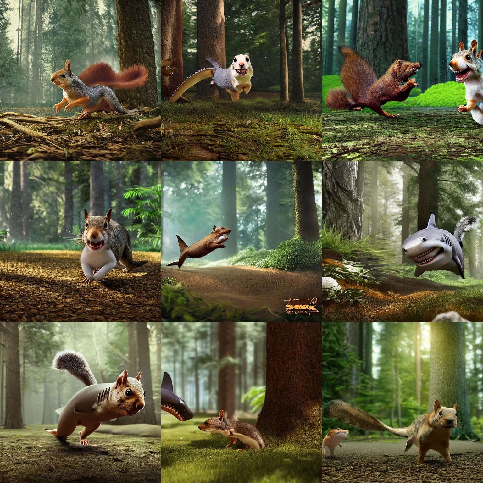 Prompt: a shark-dog mix chasing a small brown squirrel inside a forest full of tall trees. Highly detailed, octane render, art station, 4k, high quality