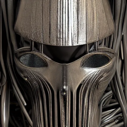 Prompt: a close up of a mask on a table, cyberpunk art by Giger, zbrush central contest winner, afrofuturism, made of paperclips, darksynth, made of liquid metal