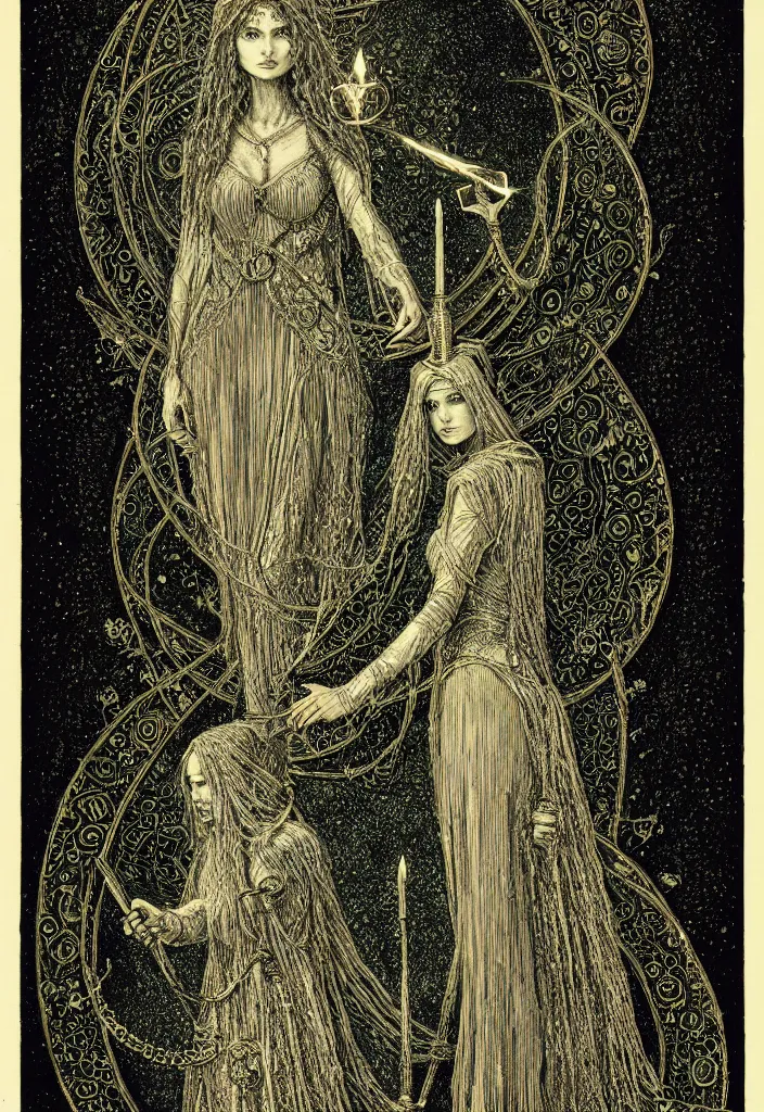 Image similar to tarot card of hecate the gloomy and beautiful goddess of witchcraft, torches, ancient keys, smokes, gustave dore, andrey remnev, black paper, etching, engraving, intricate line work, green line work details, mandelbulb fractal, portrait, trending on artstation, exquisite details, risography print, 4 k, 4 k