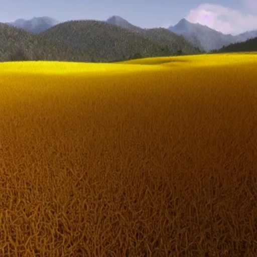 Prompt: A realistic landscape of an unknown realistic world of red hills and yellow corn field, it seems infinite.