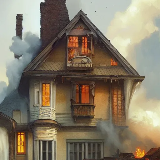 Image similar to ultra realistic illustration, a house on fire, highly detailed, digital painting, artstation, concept art, smooth, sharp focus, illustration, art by artgerm and greg rutkowski and alphonse mucha