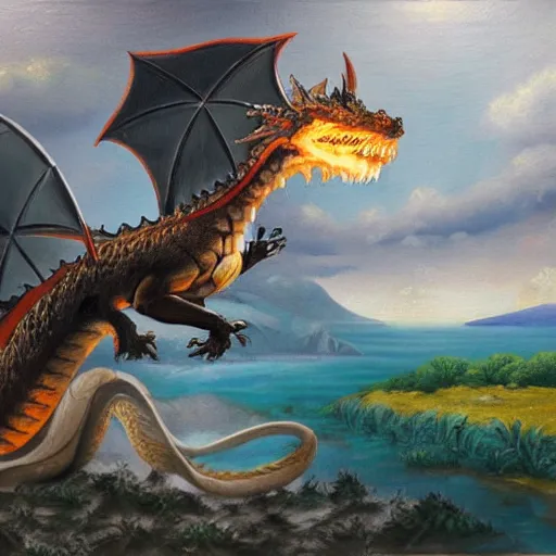 Prompt: oil painting of a dragon emerging from a hotspring