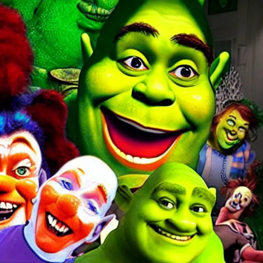 Image similar to Shrek vs a bunch of clowns in a nursing home real home video 720p archival footage dvd rip
