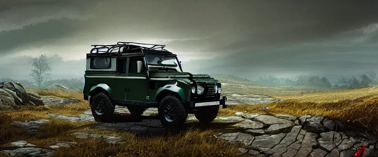 Image similar to Land Rover Defender 110 (1985), an epic fantasy, dramatic lighting, cinematic, establishing shot, extremely high detail, photorealistic, cinematic lighting, artstation, by simon stalenhag, The Elder Scrolls V: Skyrim, Whiterun Hold, Dragonsreach in the distance, Battle for Whiterun, Stormcloaks vs Imperials, Swarms of Stormcloaks and Imperials fighting eachother, Intense fighting, Whiterun city burning, Skyrim Civil War