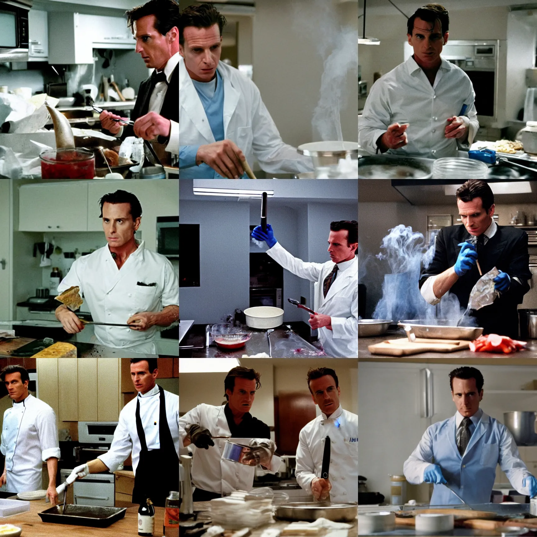 Prompt: patrick bateman cooking blue meth, still from breaking bad