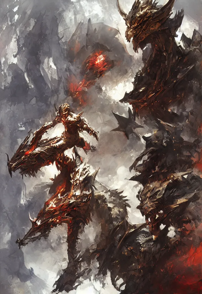 Prompt: dragon knight, painting, by greg ruthowski, yoshikata amano, craig mullins, alphonse murac, collaborative artwork, beautifully drawn, heavily detailed