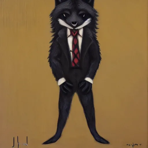 Image similar to portrait of a male anthro anthropomorphic black fox furry fursona with hands on eyes, wearing a suit, 1 9 7 0 s oil on canvas painting, by famous artist jylon denja