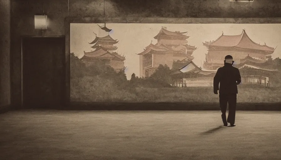 Image similar to pov a man walking in empty north-korean restaurant palace with propaganda fresco, iphone, heavy grain, high quality, higly detailed