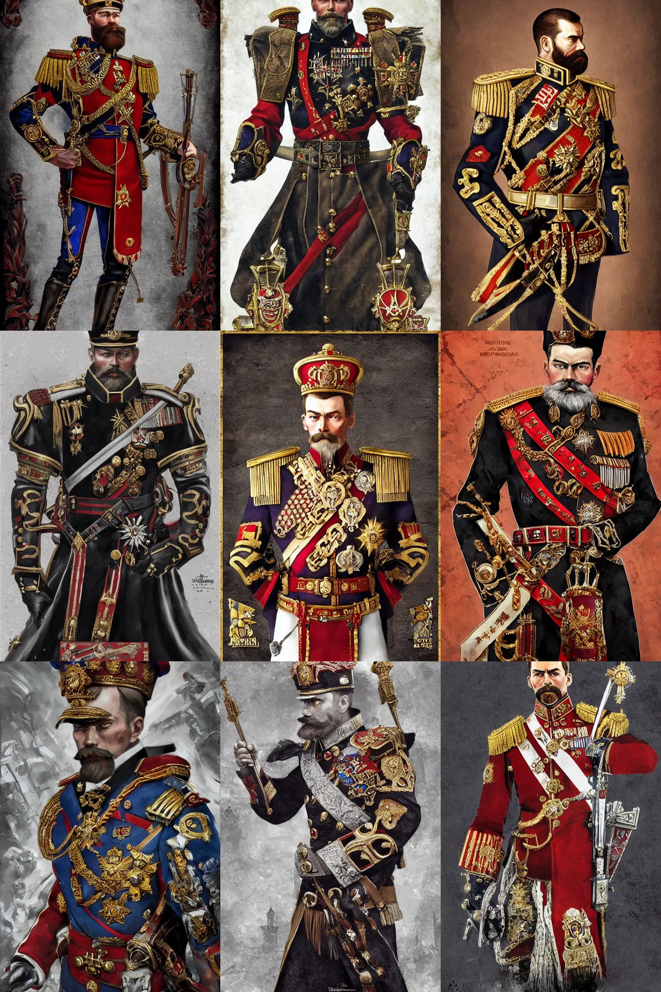 Image similar to Nicholas II of Russia, great emperor of Russian Empire, warhammer 40k , concept art, ornate, digital art, illustration, artstation, full body, muscular, brutal, virile, masculine, military, warhammer chaos, fashwave