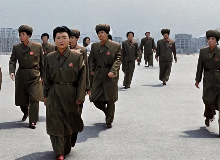 Prompt: kim jong - il clone army walking in 1 9 6 0 s pyongyang, epic thriller in the style of ghost in the shell by mamoru oshii, blur very realistic movie still, backlighting