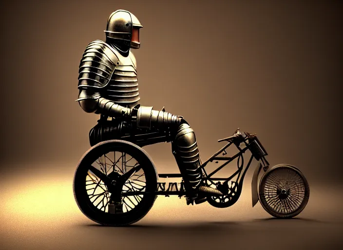 Image similar to knight in armor in a motorcycle dirt helmetin a wheelchair do tricks & watch old tv, rome, highly detailed, soft lighting, elegant, by edward hopper and james gillard, zdislaw beksinski, stephen outram, andreas m wiese, highly detailed, masterpiece. fashion studio lighting. edward _ hopp, unreal 6, 8 k