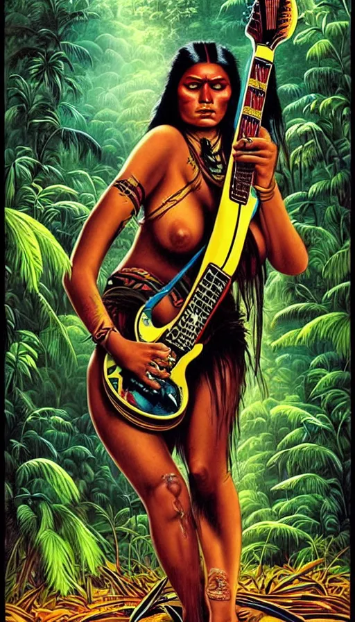 Prompt: an indigenous beautiful woman with playing with a electric guitar in the jungle, poster art by daniele caruso, benediktus budi, jason edmiston, vc johnson, powell peralta