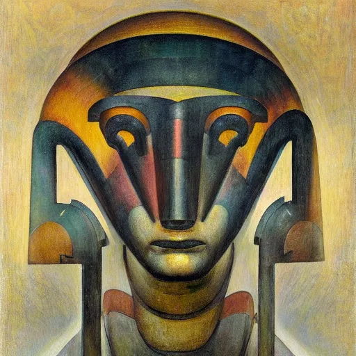 Image similar to head of a robot shaman, by annie swynnerton and edward hopper and jean delville and rufino tamayo and diego rivera and evelyn de morgan, art deco shaman, stylized geometric flowers, art brut, outsider art, symbolist, dramatic lighting, god rays, clean crisp graphics, smooth sharp focus, extremely detailed, adolf wolfli