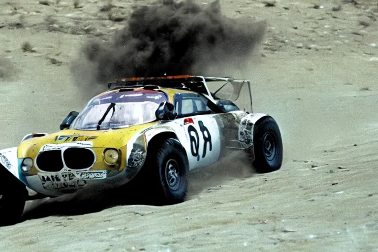 Prompt: a single 1 9 6 7 dakar rally bmw, race footage, speed, movie still from bladerunner