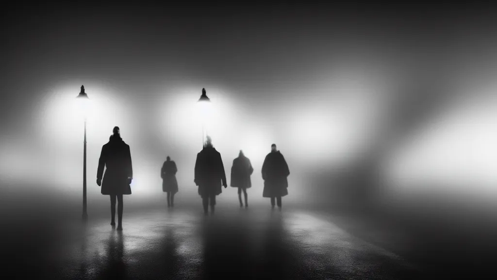 Image similar to the crowd flees the village, fog, volumetric lighting, mystique, atmospheric, sharp focus, ultra detailed, noir art house, 4 k, cinematic, 3 5 mm