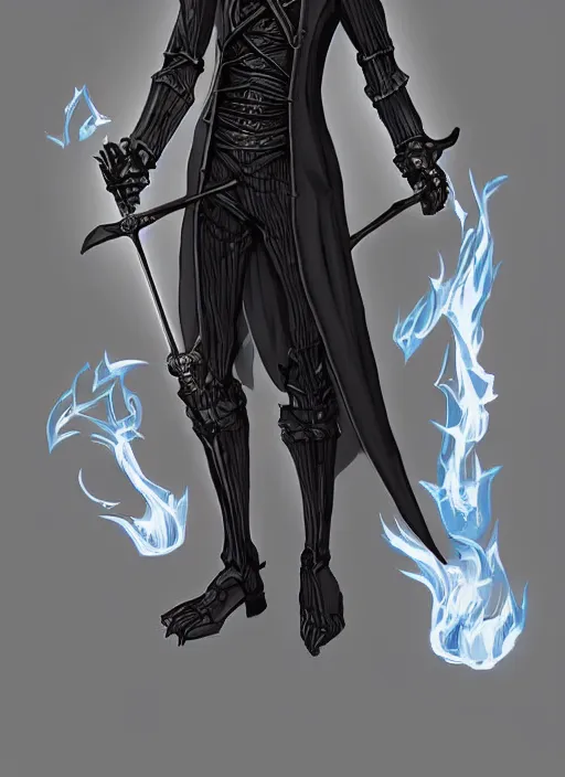 Image similar to DND character art, skeletal male figure, wearing a deep black suit!!! and tie and top hat, holding a gold! cane!. blue!!! flames!!