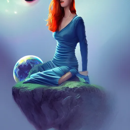 Prompt: a full body photo portrait of a beautiful tattooed redhead woman sitting, carrying a laser gun, a planet in the background. blue tight dress, light iridescent hair color, fantasy, realistic, intricate, sharp focus, lens flare, bloom, rim light, illustration, highly detailed, digital painting, concept art, matte, art by ruan jia