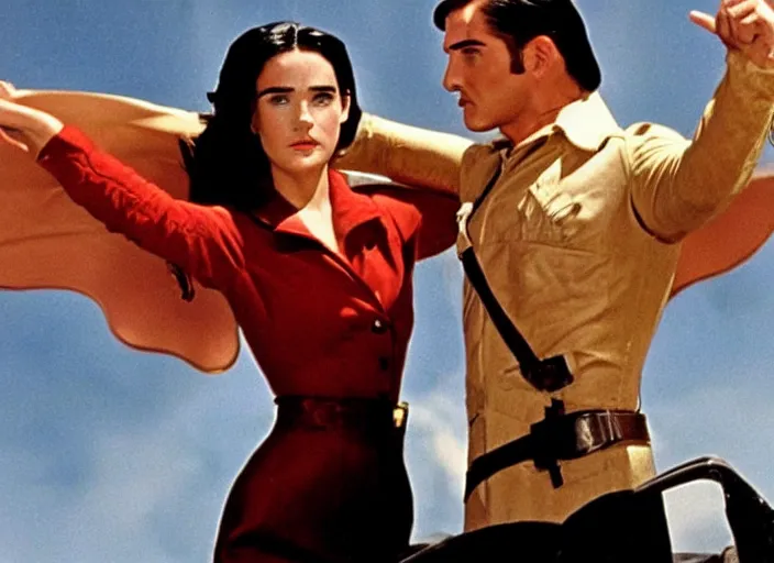 Prompt: a movie still from the modern film the rocketeer featuring young jennifer connelly in her role as jenny blake. - hd