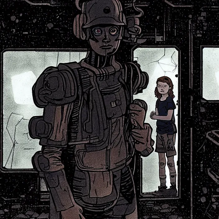 Image similar to tired sadie sink as a miner waits in a queue to a scifi cube room. set outside a coal mine. storyboard, scifi cyberpunk. by gabriel hardman, joe alves, chris bonura. cinematic atmosphere, detailed and intricate, perfect anatomy