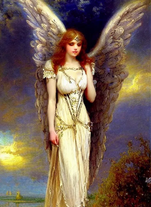 Image similar to vertical prtrait of an angel knight gothic girl, baroque dress. by gaston bussiere