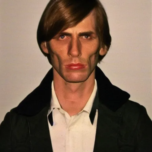 Image similar to A mugshot portrait of a man who looks like Jerma985 with short length wavy hair, a combover and wearing late 1970s menswear in the late 1970s, taken in the late 1970s, grainy, realistic, hyperrealistic, very realistic, highly detailed, very detailed, extremely detailed, detailed, trending on artstation, front facing, front view, headshot and bodyshot, detailed face, very detailed face